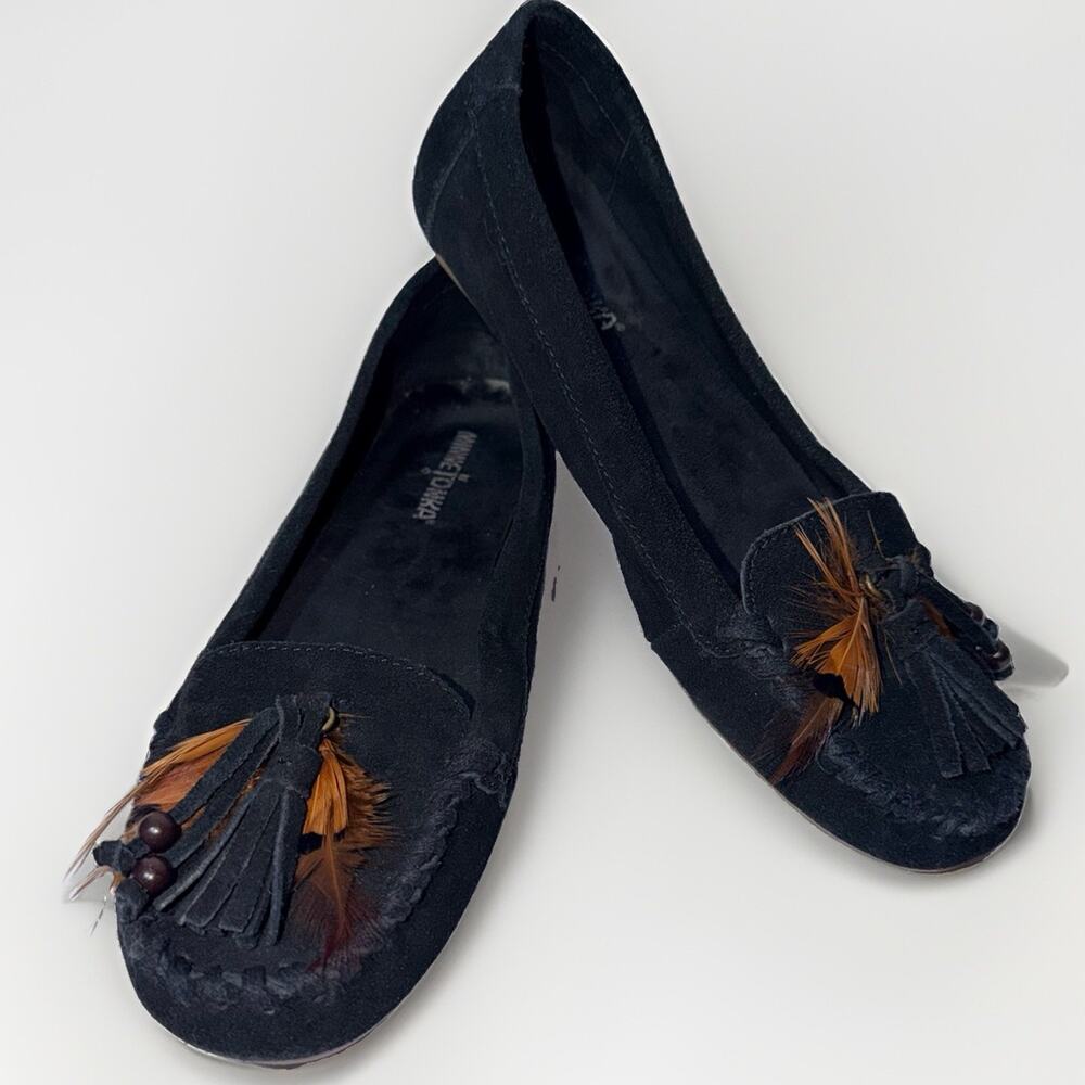 Minnetonka Black Suede Feather Moc Moccasin Flats Loafers Women’s Size 8.5